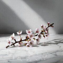 There is a cherry branch with flowers on the marble table