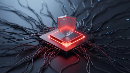 Glowing shield on circuit board with wires technology security