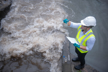 An environmental expert is collecting water samples to be tested for contaminants in a lab.