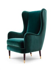 Naklejka premium Elegant Green Velvet Wingback Chair on White Background