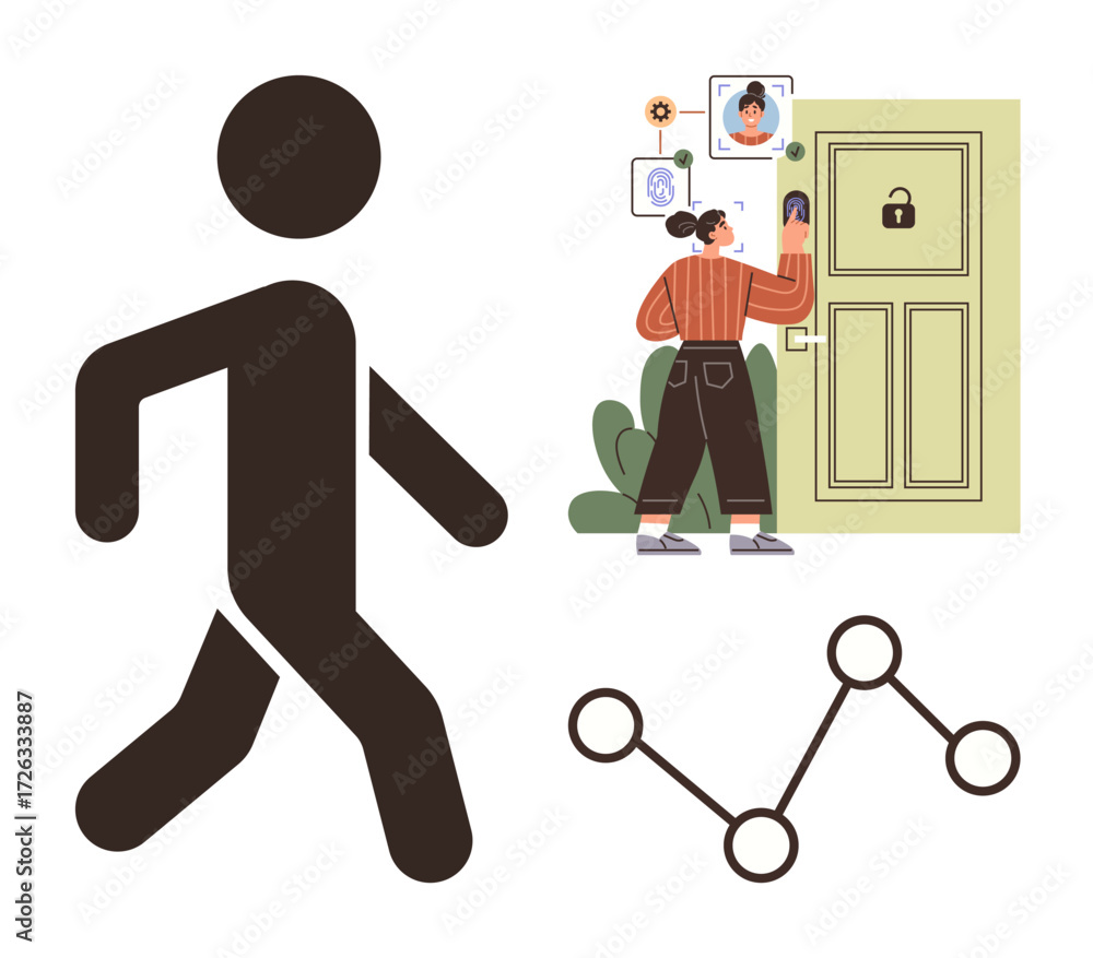 Poster person uses facial recognition to unlock a secure door walking figure and connected nodes emphasize 
