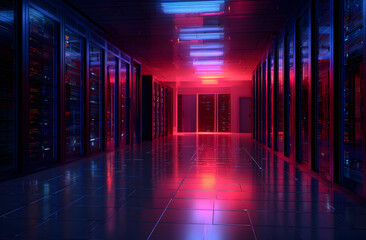 Server racks glow in a data center hallway with blue and red lights, showcasing the technology and infrastructure of modern computing, creating a futuristic atmosphere.