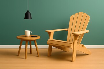 Fototapeta premium Yellow wooden armchair beside a round wooden table with coffee cup and smartphone in cozy minimalist living room interior – Scandinavian modern home decor, warm lighting and calm atmosphere