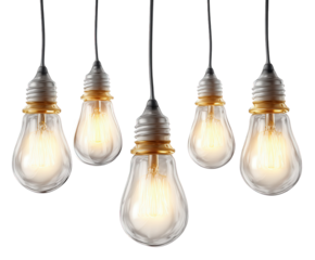 Five clear glass edison light bulbs with visible filaments hanging from black cords, isolated on a transparent background, symbolizing ideas and innovation