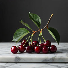 there is a cherry on a branch on a marble table