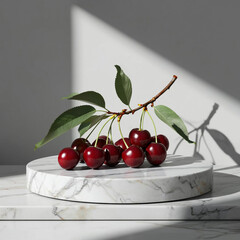 there is a cherry on a branch on a marble table