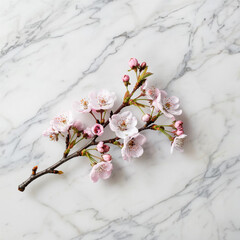 There is a cherry branch with flowers on the marble table