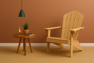 Fototapeta premium Light wooden armchair beside a round table with potted plant, lamp, and book in cozy minimalist living room interior – warm earthy tones, Scandinavian modern furniture and home decor