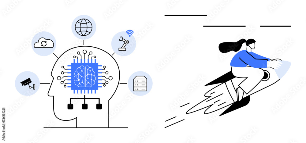 Aufkleber abstract brain-shaped circuit with ai and tech icons linked to cloud, robotics, camera, database. wo