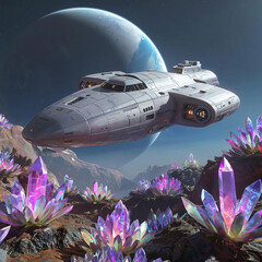 A spaceship lands on a planet where crystals grow instead of plants.