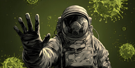 Astronaut in spacesuit holds up hand to stop spread of virus in dark green environment, symbolizing protection and prevention from pandemic.