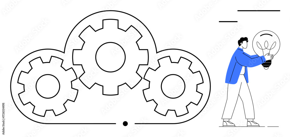 Aufkleber cloud with three interlocking gears alongside a person holding a glowing lightbulb. ideal for innova