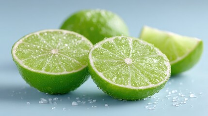Vibrant Green Limes Sliced in Half Macro Close Up with Sugar Crystals on a Light Blue Background in Bright Cinematic HDR Lighting