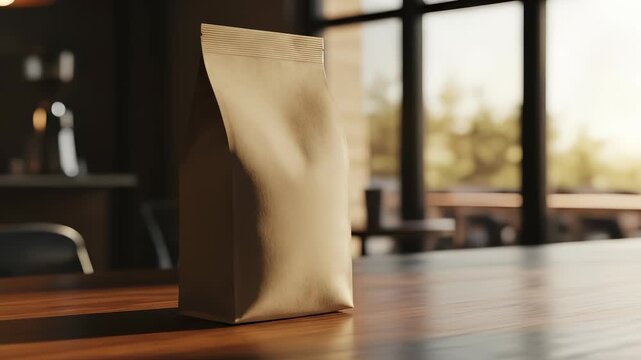 Elegant coffee packaging mock-up on wooden table in warm light ambiance