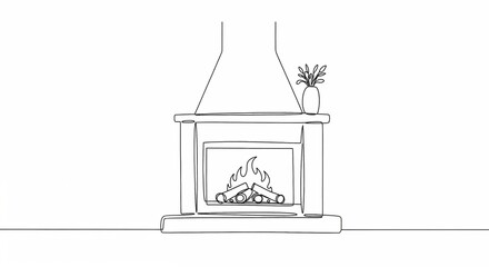 Fireplace illustration with logs and plant in minimalistic line art style on white background with copy space