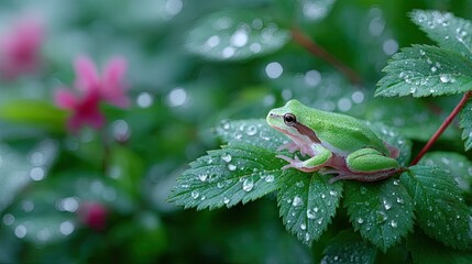 Vibrant Green Tree Frog Sitting on Leaf with Water Droplets Macro Close Up Photography
