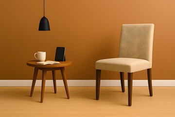 Beige upholstered chair beside a wooden table with coffee cup, book, and tablet in cozy minimalist living room interior – warm earthy tones, Scandinavian modern furniture, stylish home decor