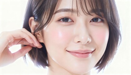 Obraz premium 耳に手をあて微笑む女性