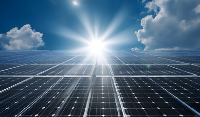 Solar panels gleam under bright sun in clear blue sky, generating clean energy for sustainable future with environmental consciousness.