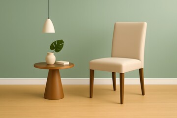 Beige upholstered chair beside a modern wooden table with vase and green leaf in cozy minimalist living room interior &ndash; Scandinavian furniture, calm tones, stylish home decor design