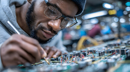An electronics technician focuses intently while soldering small components onto a circuit board, showcasing precision and craftsmanship in a busy workshop environment