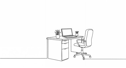 Office desk illustration with laptop and chair in minimalistic line art style and copy space
