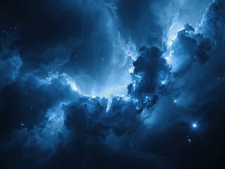 A captivating view of deep space featuring brilliant blue nebulae and glowing stars against a dark backdrop