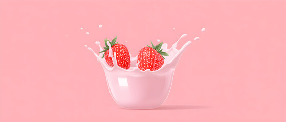 Fresh strawberries splashing into a bowl of milk against a pink studio backdrop creating a vibrant and refreshing scene, perfect for summer desserts.