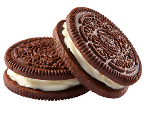 Two chocolate sandwich cookies stacked on top of each other on a white surface, showcasing their creamy filling and intricate cookie pattern, creating a tempting treat.