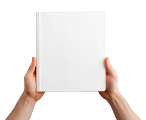 Hands holding a blank white book isolated on transparent background, ready for custom design or text