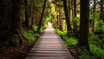 Fototapeta premium Wooden boardwalk through a lush forest