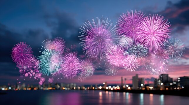 Vibrant Fireworks Exploding in Dusky Night Sky Over City Lights Celebration Displays with Violet Blue and White Bursts - Powered by Adobe