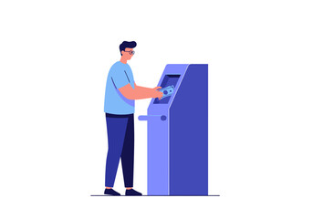Man using an atm to withdraw money. Perfect for financial services, banking websites, security illustrations, and cashless transactions concepts.
