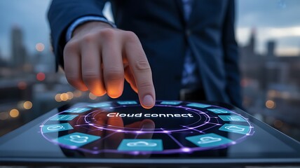 Hand touching digital cloud interface finger tablet