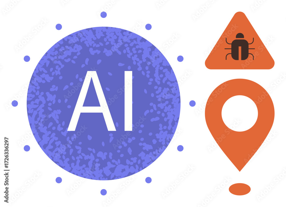Poster blue circle with ai text, orange bug warning triangle, and location pin. ideal for technology, innov