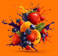 Fresh strawberries, blueberries, and oranges splashing vibrant juice against a bright orange backdrop, creating a dynamic and refreshing composition.