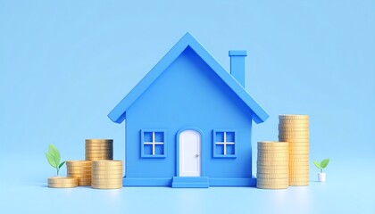 A simple blue house model sits between two stacks of gold coins and small growing plants on a light blue background