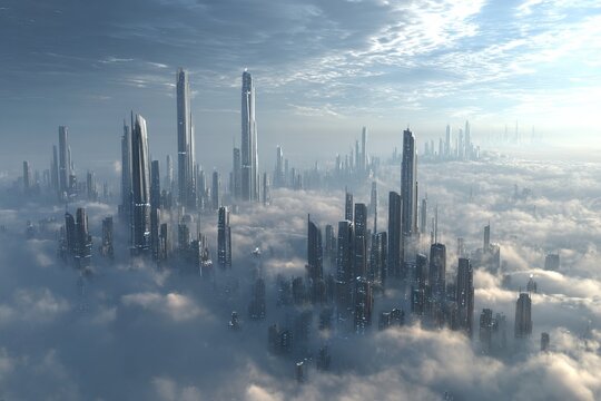 Futuristic skyscraper city emerging above the clouds