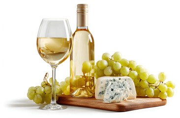 White wine bottle and glass sitting next to grapes and blue cheese on wooden board against white backdrop creating elegant and delicious still life.