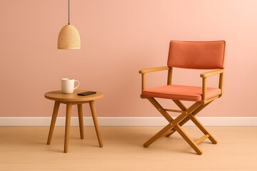 Fototapeta premium Orange director’s chair beside a wooden table with coffee cup and smartphone in cozy minimalist living room interior – Scandinavian modern furniture, pastel tones, stylish home decor