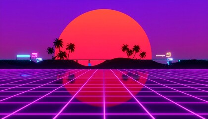 Retro futuristic landscape with vibrant colors