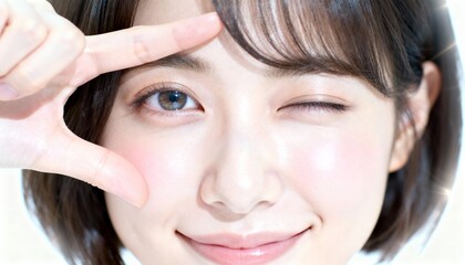 Naklejka premium 指でフレームを作りウインクする女性