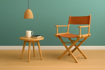 Fototapeta premium Brown director’s chair beside a wooden table with coffee cup and book in cozy minimalist living room interior – Scandinavian furniture, teal wall background, modern stylish home decor