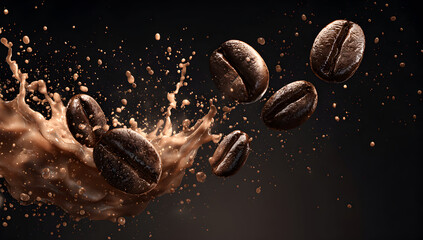Coffee beans splashing into a dark liquid, creating a dynamic and aromatic scene with rich, warm tones, perfect for showcasing the essence of coffee.
