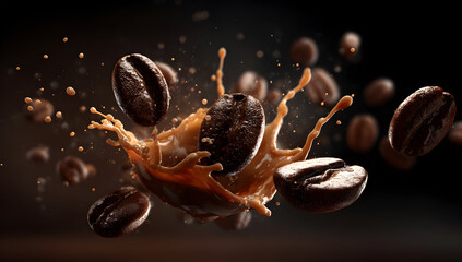Coffee beans splashing into liquid creating dynamic movement against dark backdrop, showcasing rich aroma and inviting warmth, perfect for a cozy morning.