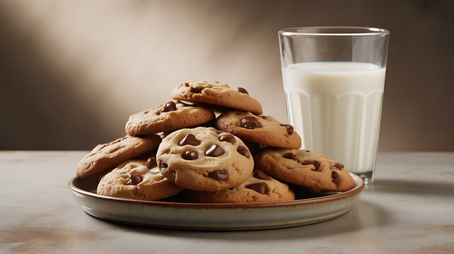 A plate of chocolate chip cookies with a glass of milk on a table