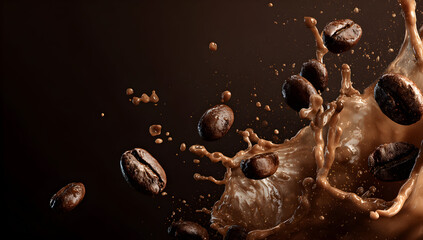 Coffee beans splashing into a cup creating a swirling liquid explosion against a dark brown backdrop, showcasing rich aroma and energetic movement.