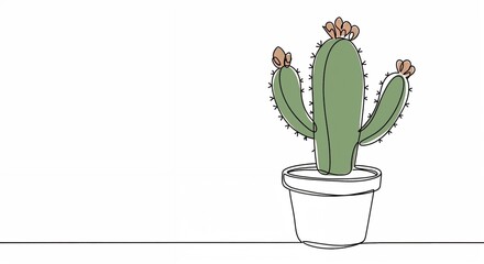 Cactus in a white pot with flowers on a plain background for copy space