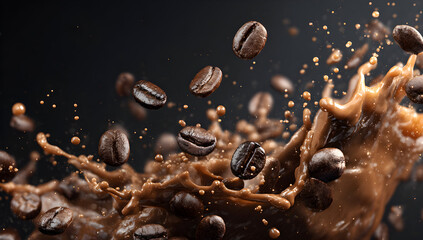 Coffee beans falling into splashing coffee creating dynamic movement against a dark backdrop, showcasing rich aroma and inviting warmth.