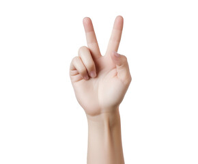 A human hand making the peace sign with two fingers raised against a clean transparent background, symbolizing victory, success, or a positive affirmation